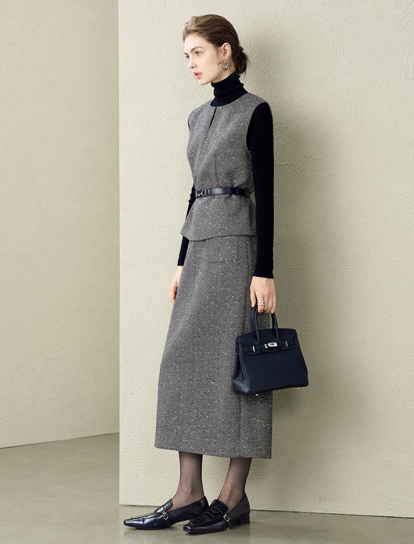 Gray Herringbone Wool-Blend Tweed Midi Skirt