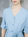 Light Blue V-Neck Tie Waist Midi Shirt Dress