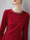 Beaded Lace Crewneck Long Sleeve A-Line Dress