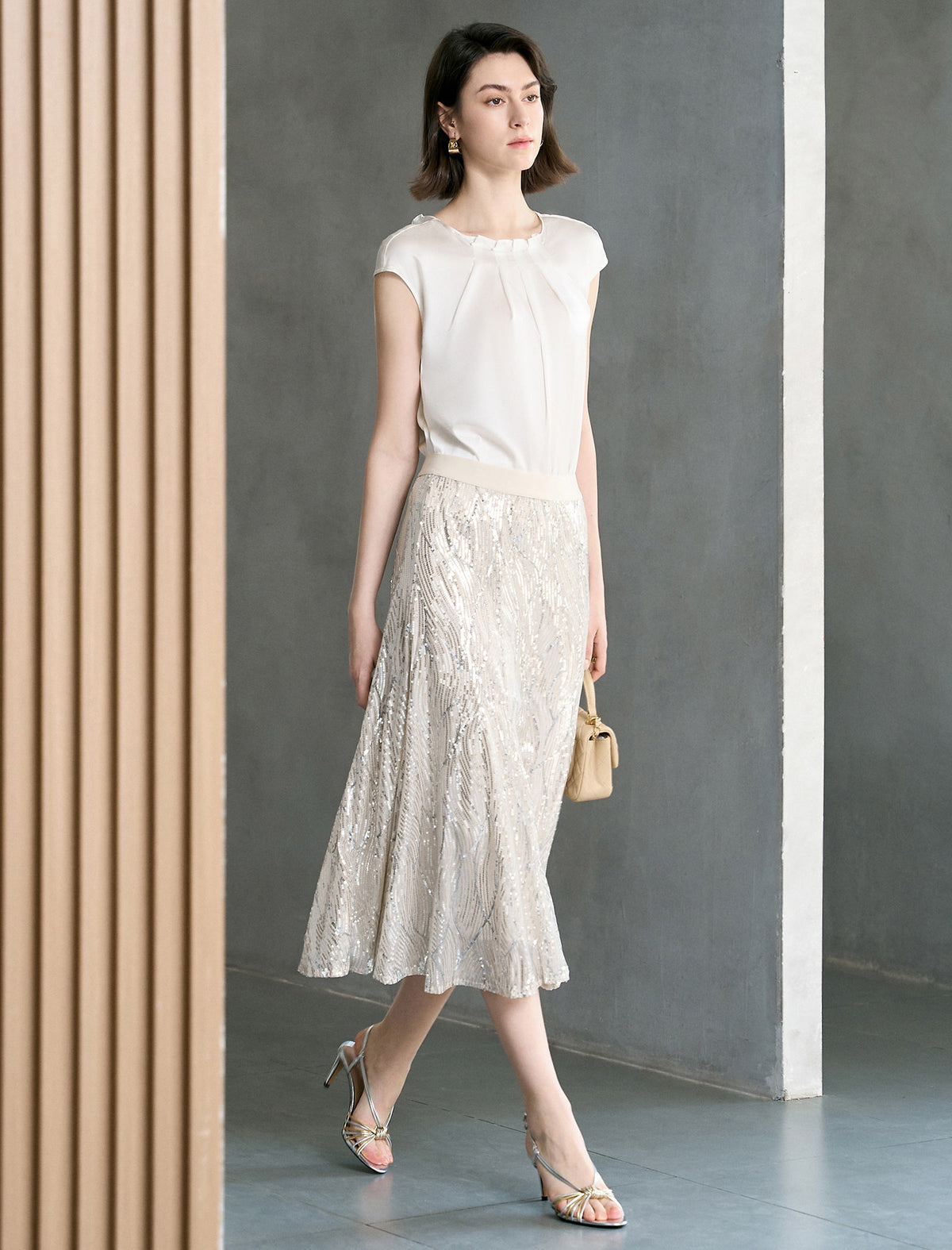 Champagne Wavy Sequin Midi Flare Skirt