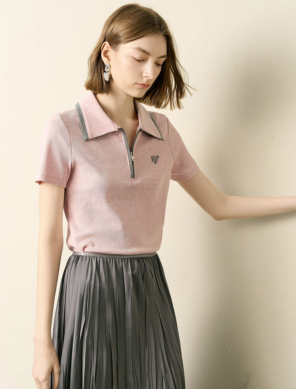 Pink Ribbed Half-Zip Polo Knit Top