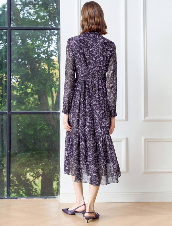 Purple Floral Tie-Neck Midi Dress