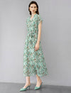 Green Floral V-Neck Tie Waist Midi Chiffon Dress