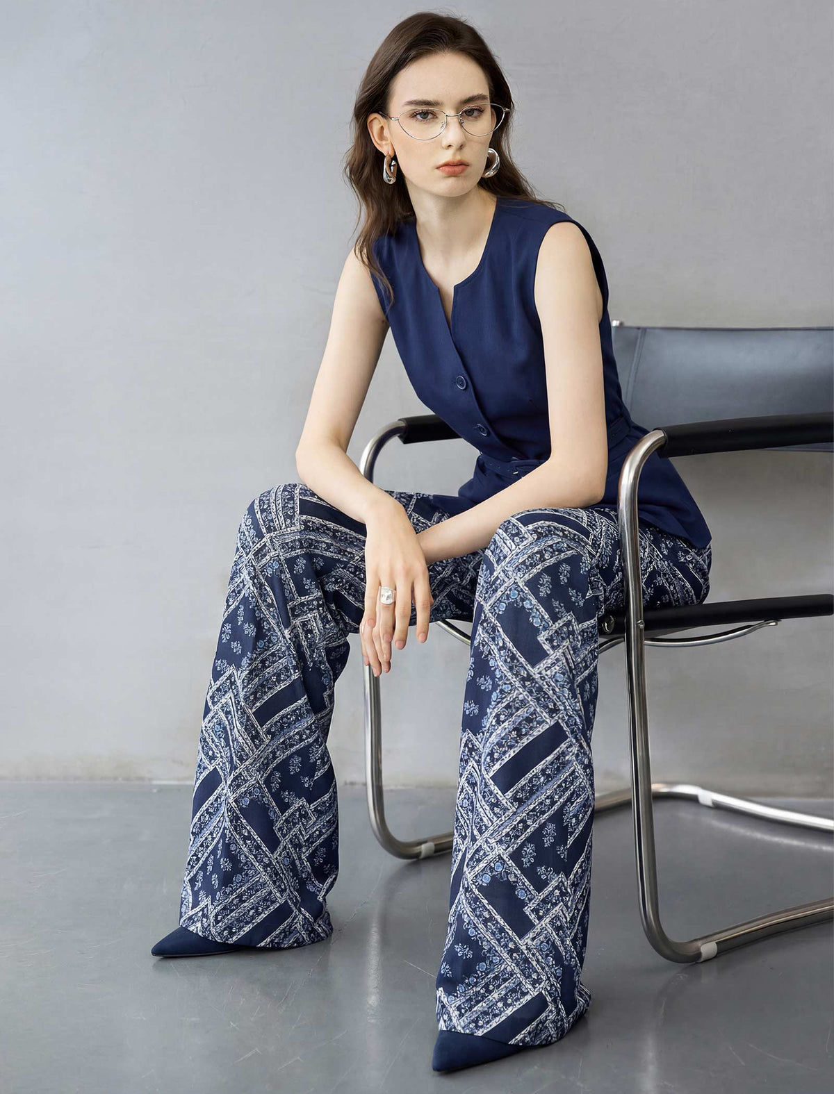 Vintage Geometric Print Wide Leg Trousers