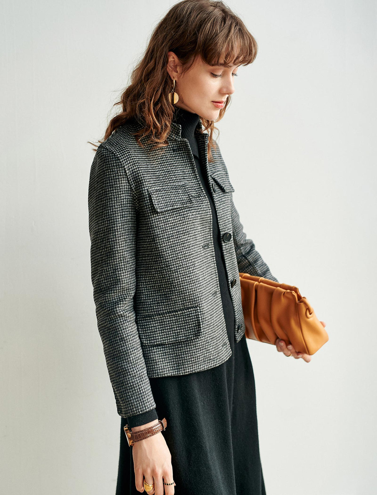 Wool Blend Plaid Long Sleeve Straight-Fit Jacket