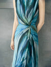 Watercolor Blue Twist Waist Sleeveless Midi Dress
