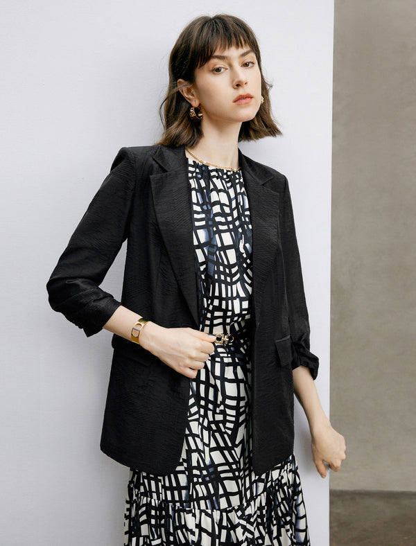 Tencel Ruched Sleeves Textured Tailored Blazer