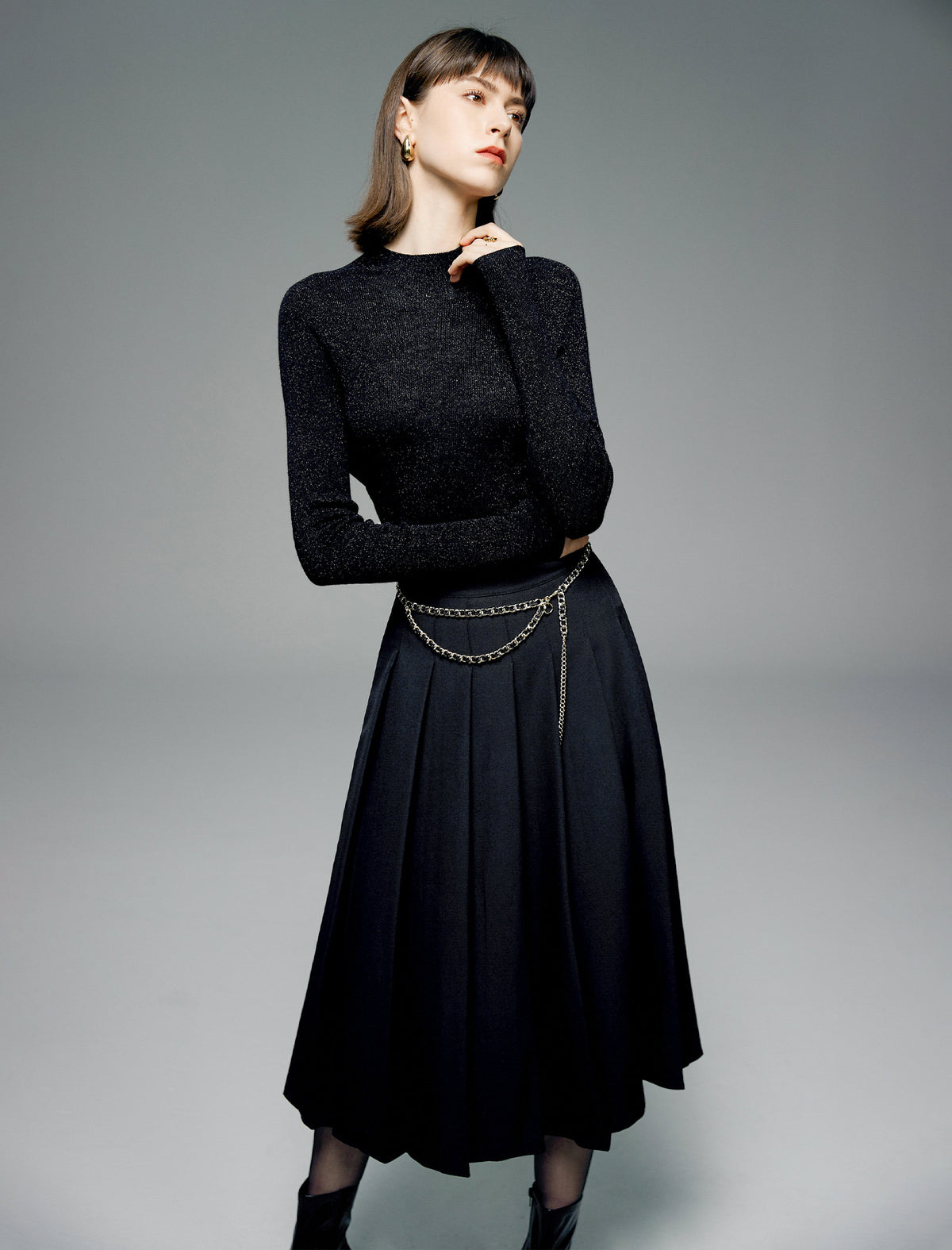 Pleated A-Line Midi Skirt