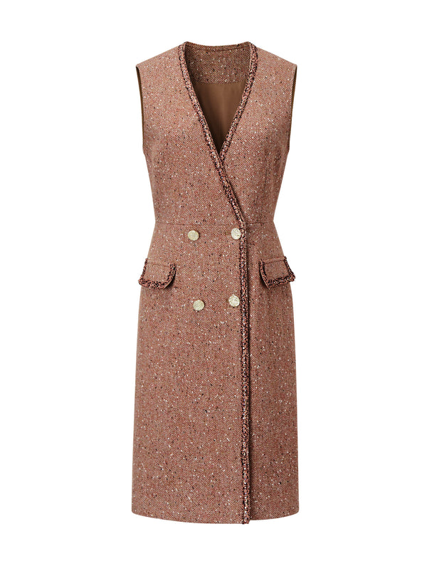 Wool Blend V-Neck Tweed Vest Dress