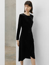 Black Velvet Irregular Hem Long Sleeve Midi Dress
