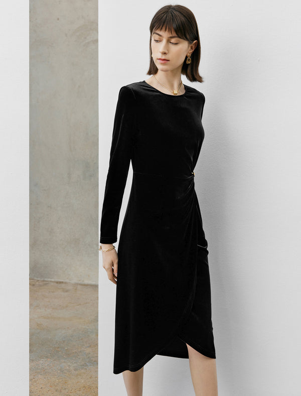 Black Velvet Irregular Hem Long Sleeve Midi Dress