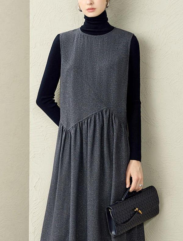 Asymmetrical Ruched Detail Wool-Blend Sleeveless Midi Dress
