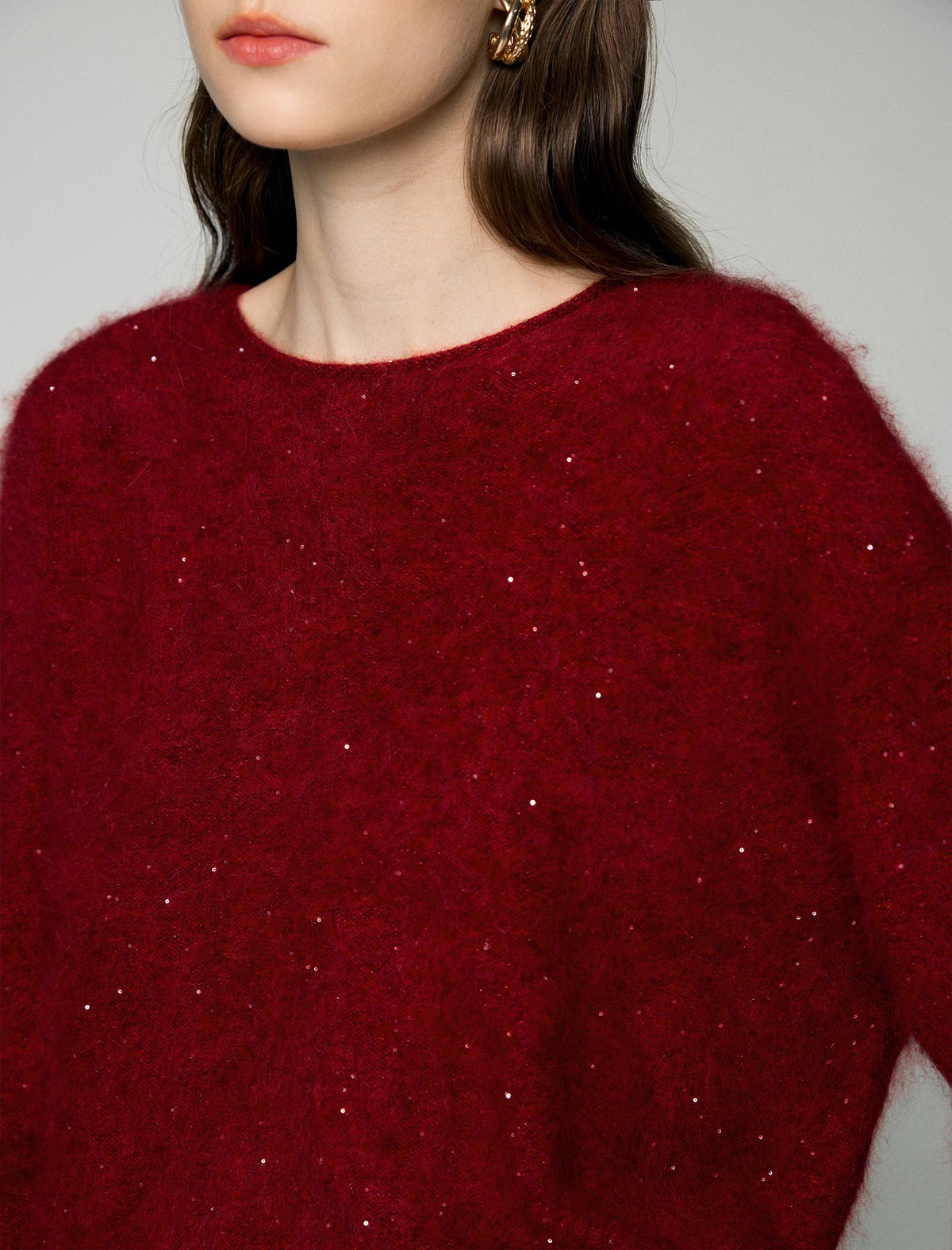 Wool and Mulberry Silk Blend Sequin Crewneck Relaxed Sweater