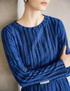 Abstract Stripe Belted Long Sleeve Midi Dress