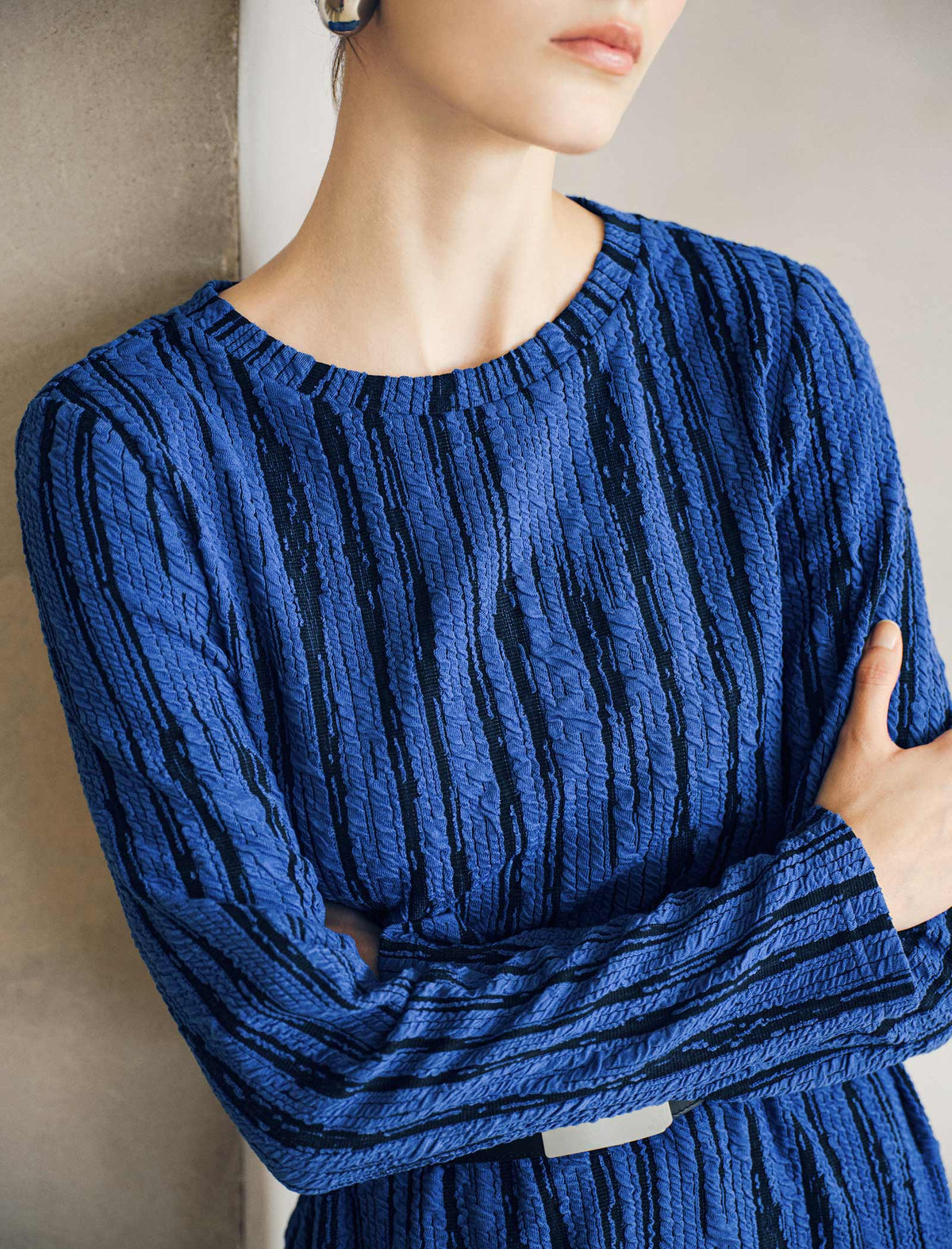 Abstract Stripe Belted Long Sleeve Midi Dress