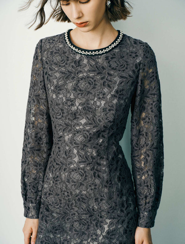 Lace Beaded Neckline Midi Dress