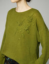 Wool Blend Floral Applique Boatneck Relaxed Sweater