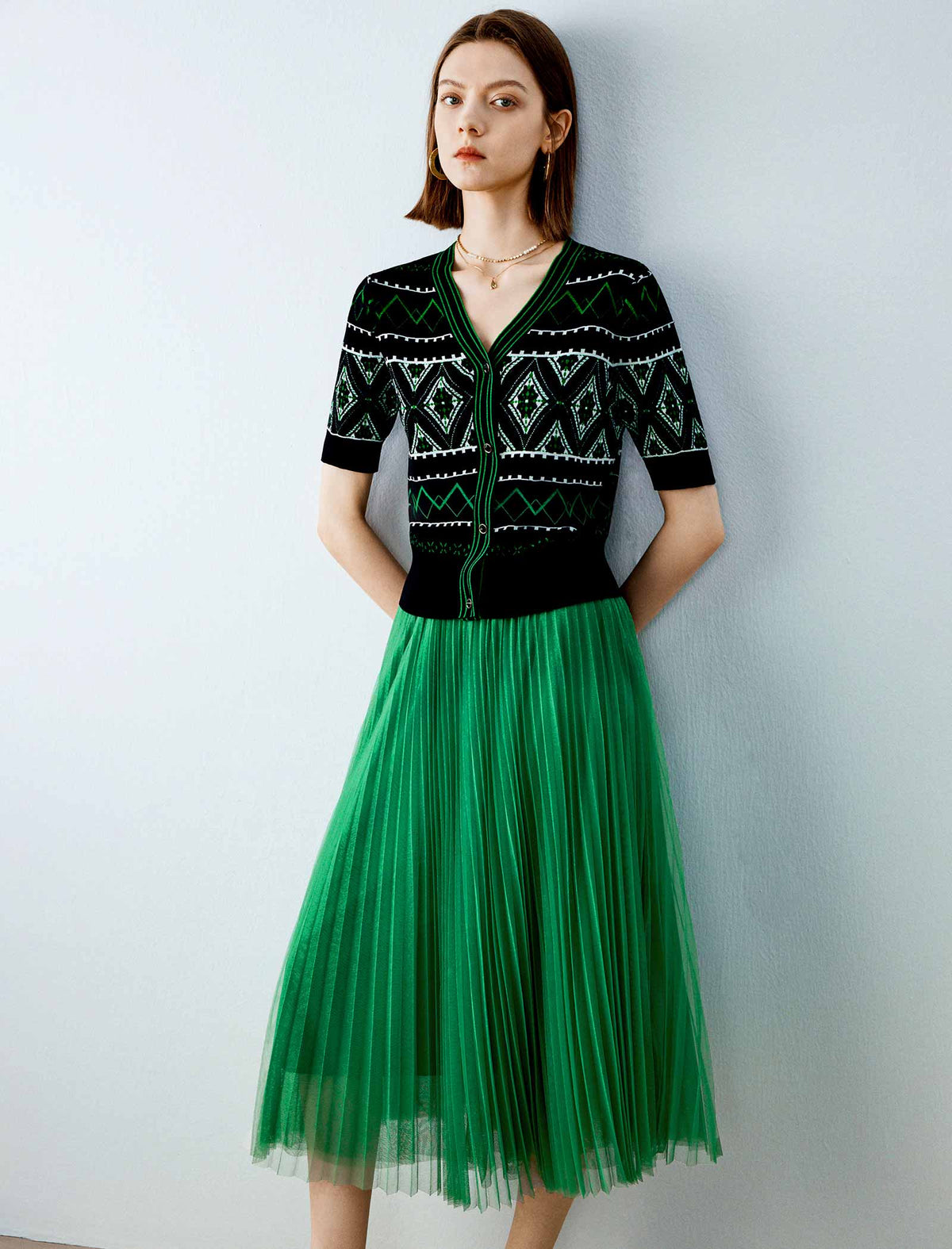Green Pleated Mesh A-Line Midi Skirt