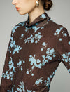 Floral Print Rhinestone Ruched Turtleneck Long Sleeve Top