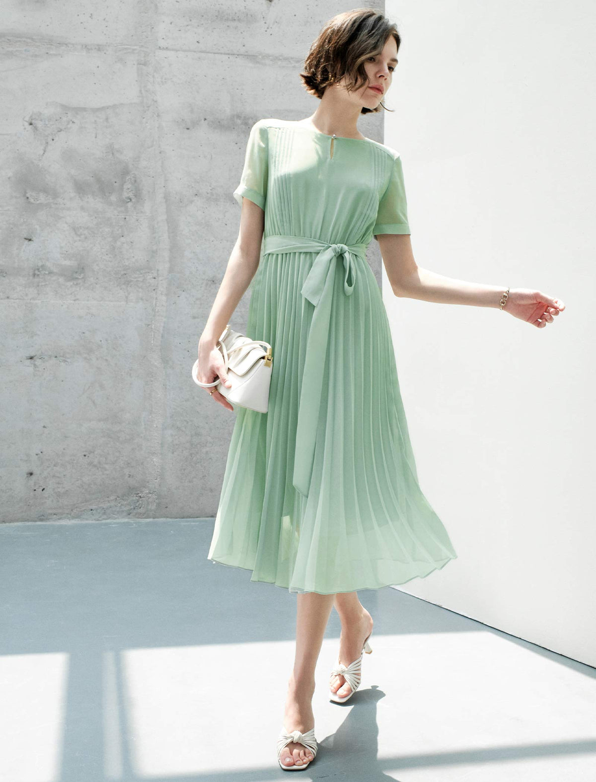 Waist-Cinched A-Line Pleated Short Sleeve Dress