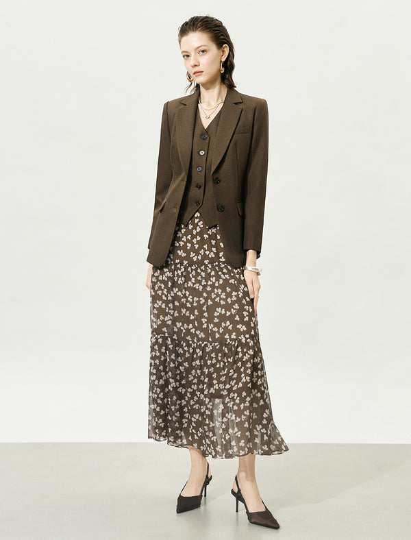 Brown Floral Multi-Layered Midi Skirt