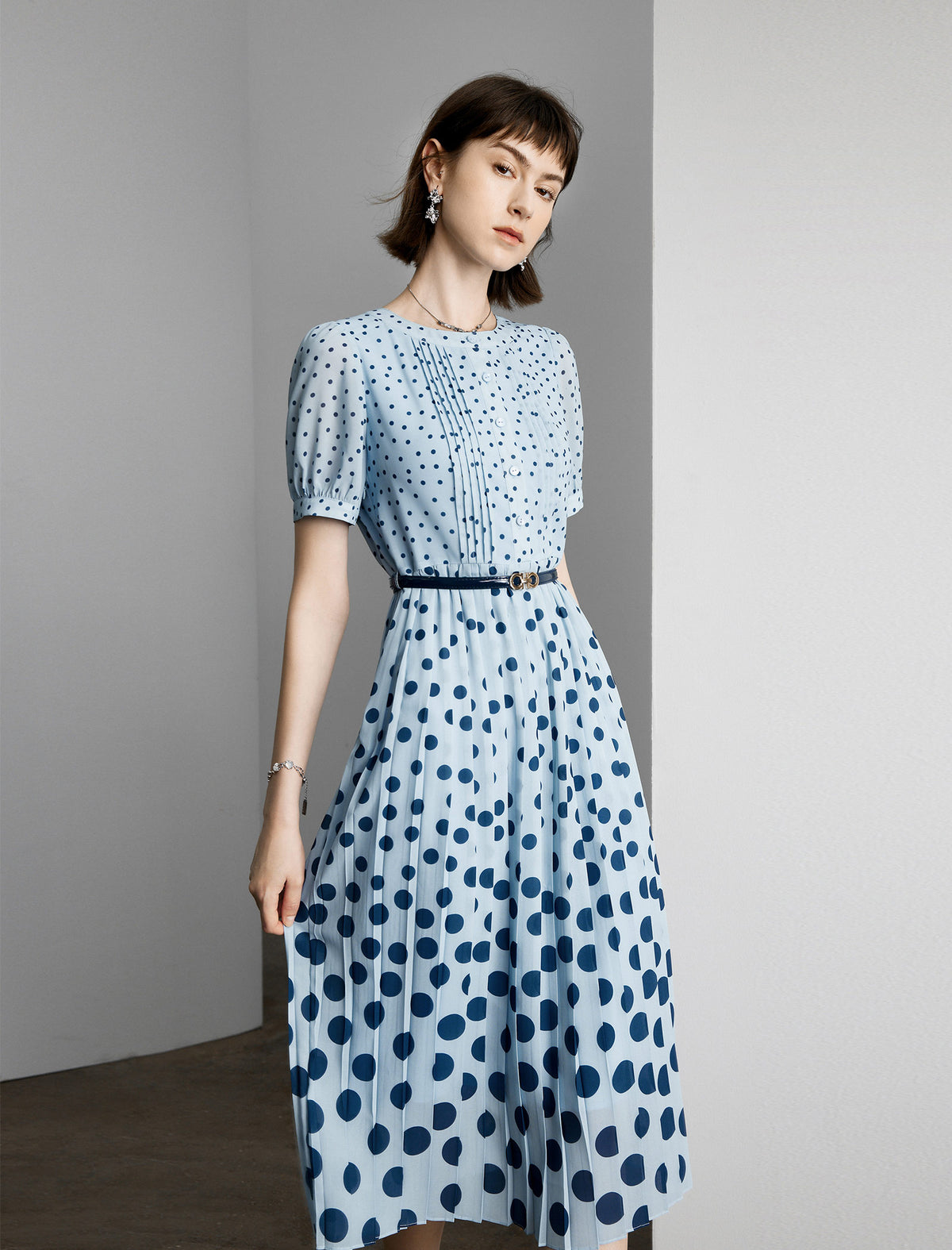 Light Blue Polka Dot Pleated Midi Dress