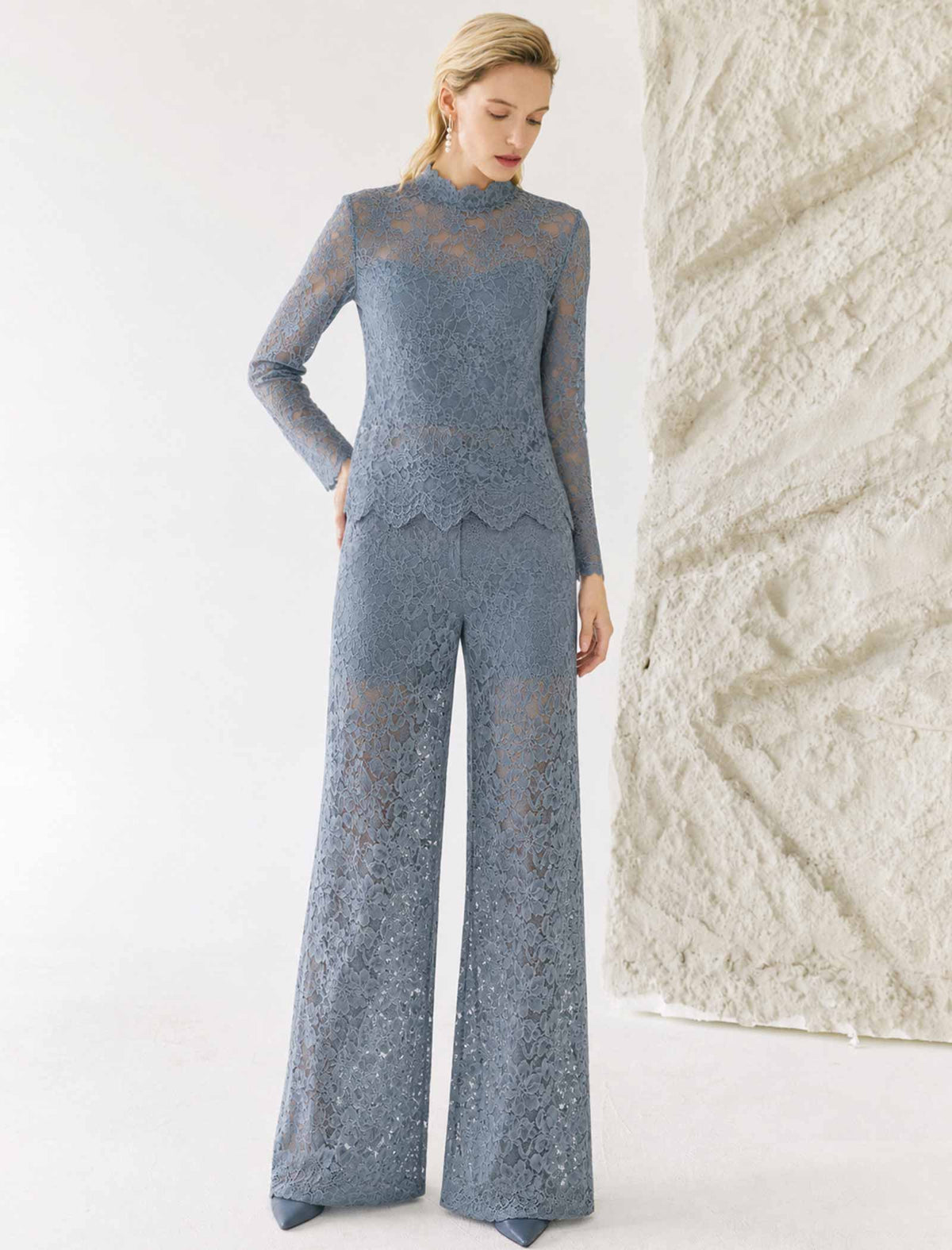 Dusty Blue Floral Lace High Neck Long Sleeve Top