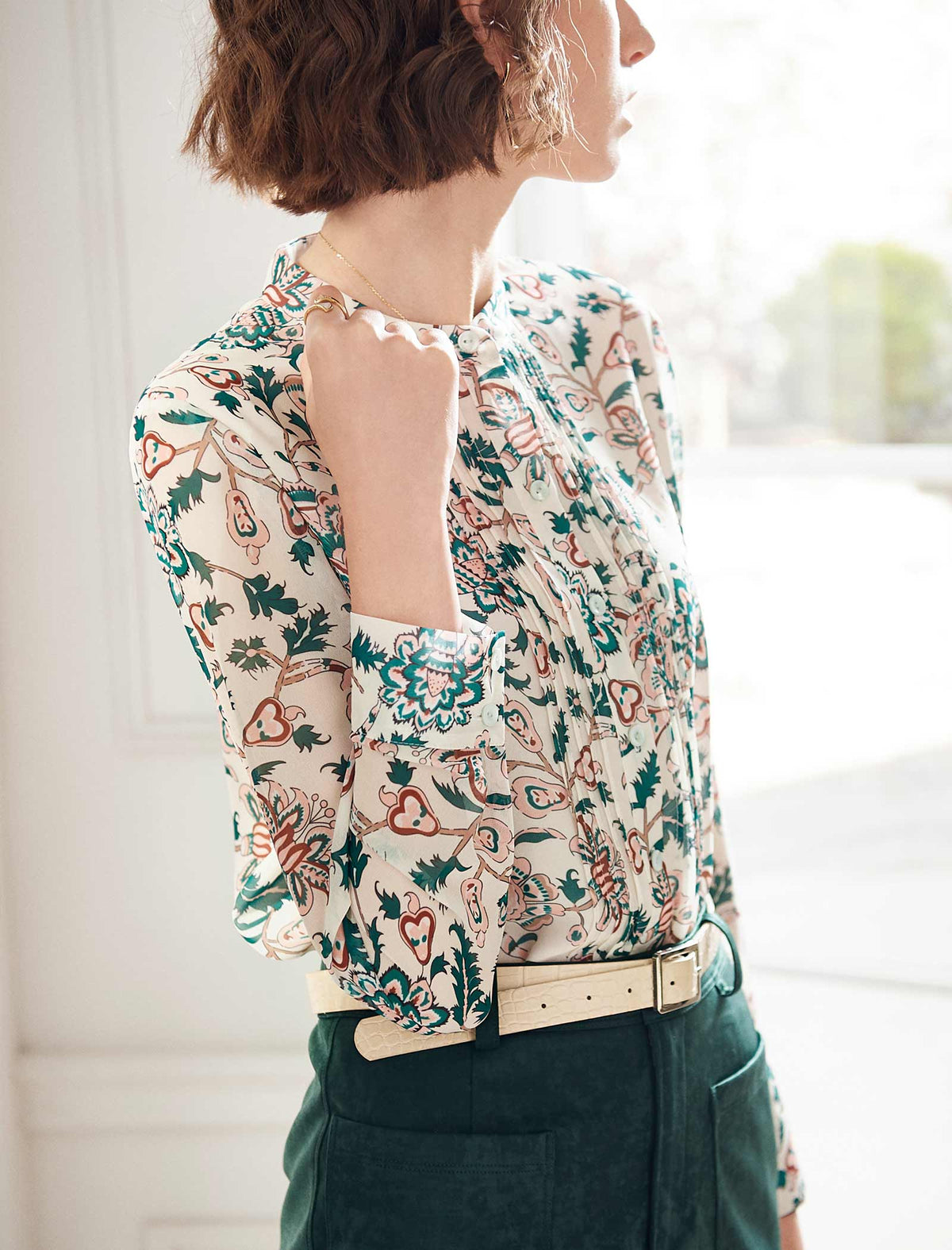 Floral Gathered Detail Mock-Neck Blouse