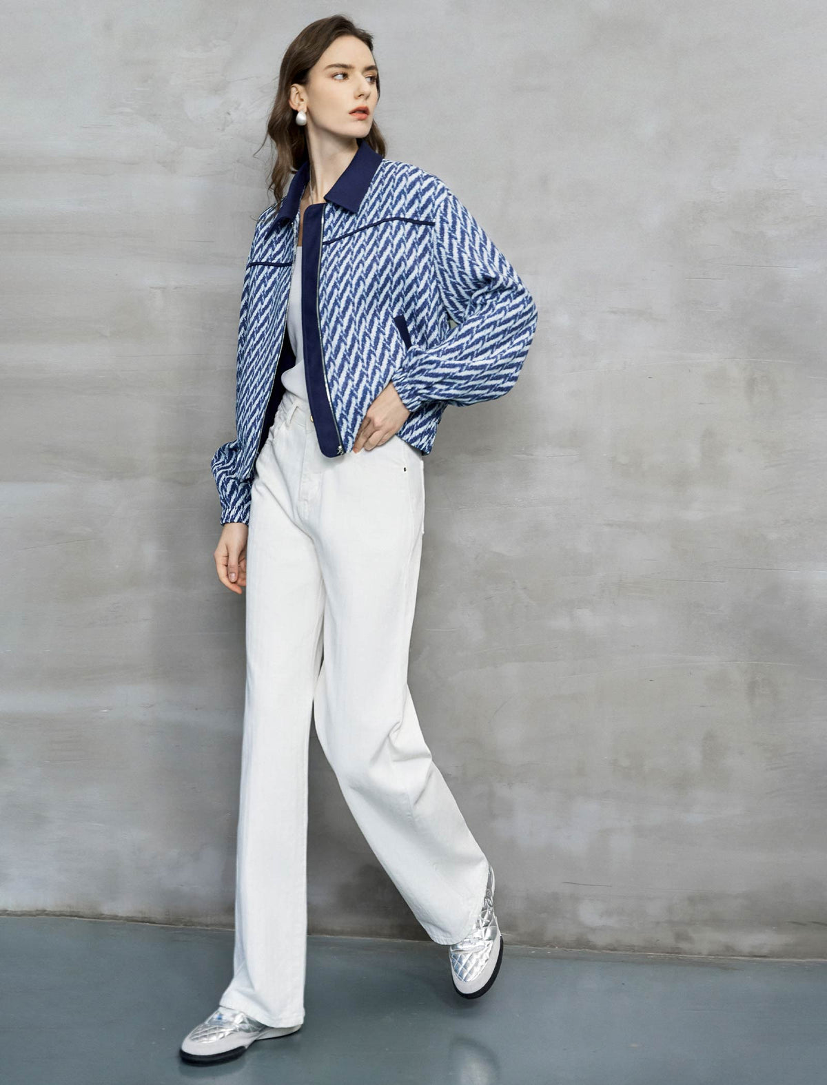 Navy And White Diagonal Jacquard Cropped Jacket