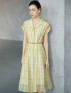 Yellow Geometric Print Lapel Cap Sleeve Belted Shirt Midi Dress