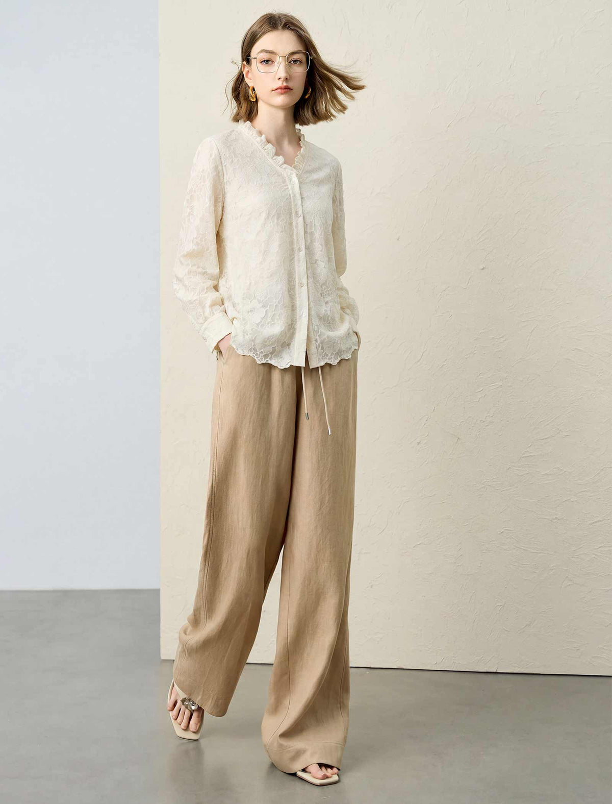 Cream Lace Ruffle Neck Blouse