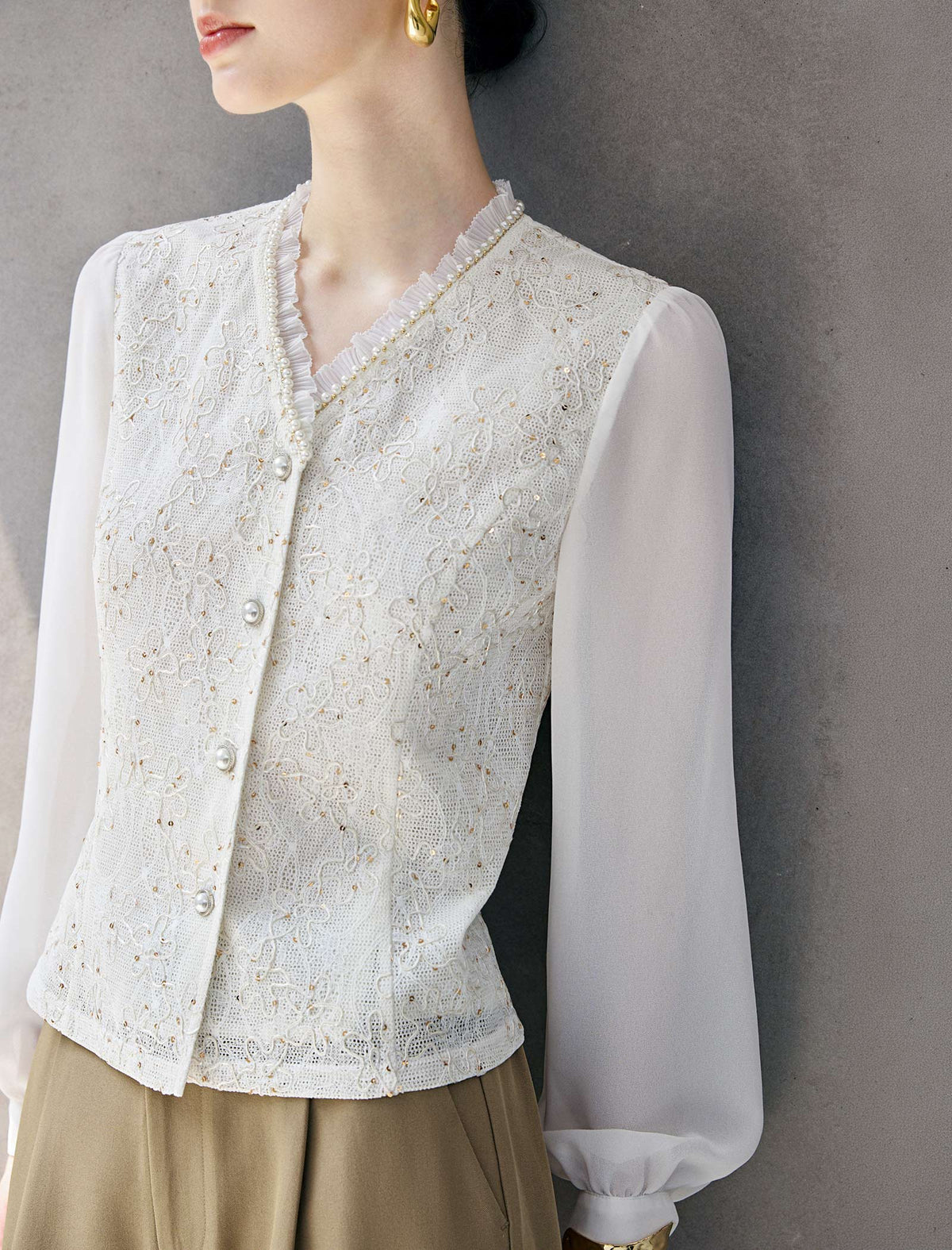 Pearl Beaded V Neck Sequin Lace Blouse