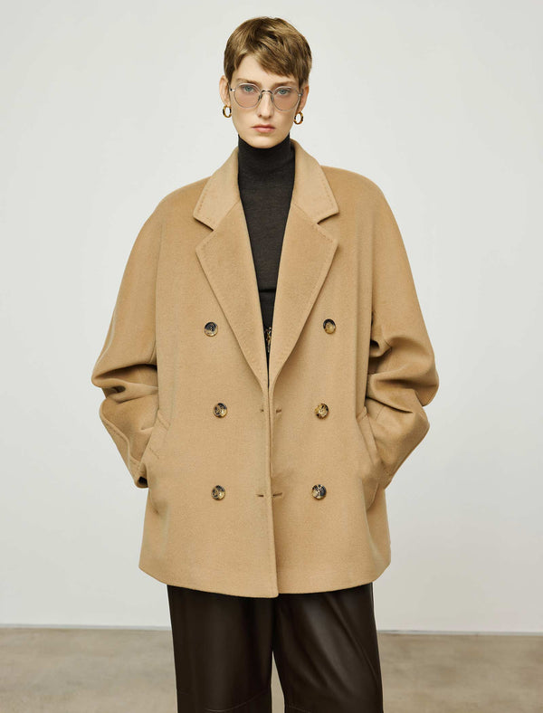 Wool-Cashmere Blend Double-Breasted Short Coat