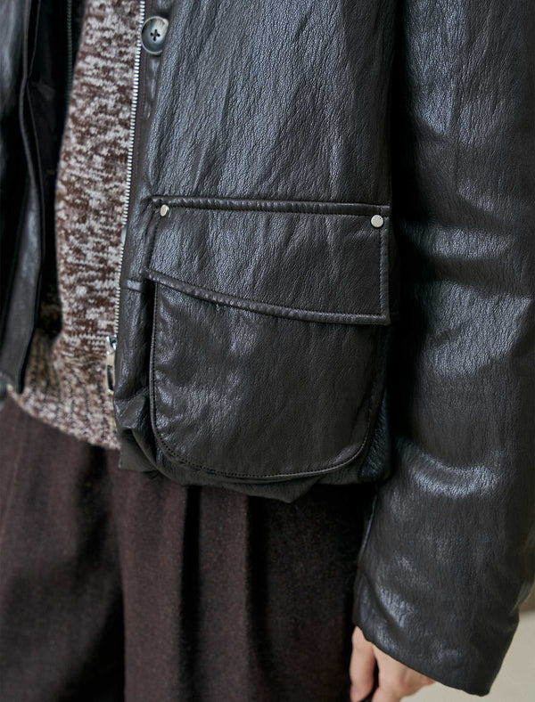 Faux Leather Knit Collar Down Jacket