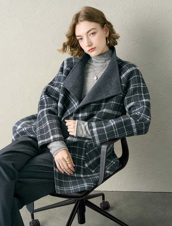 Grey Plaid Wool-Blend Self-Belt Coat