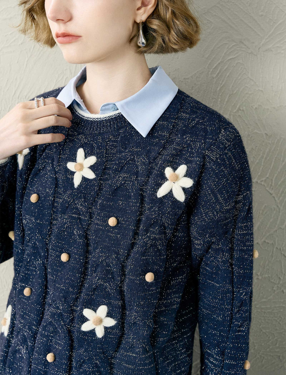 Floral Embroidered Contrast Trim Wool-Blend Sweater