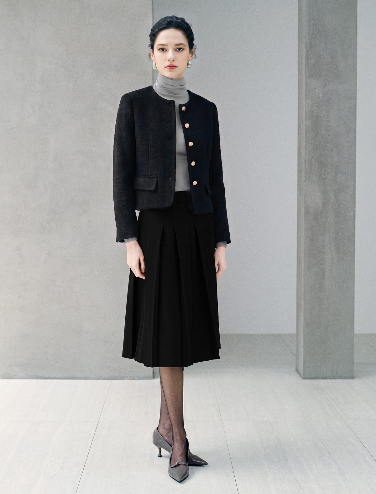 Wool Blend Round Neck Metal Button Cropped Jacket