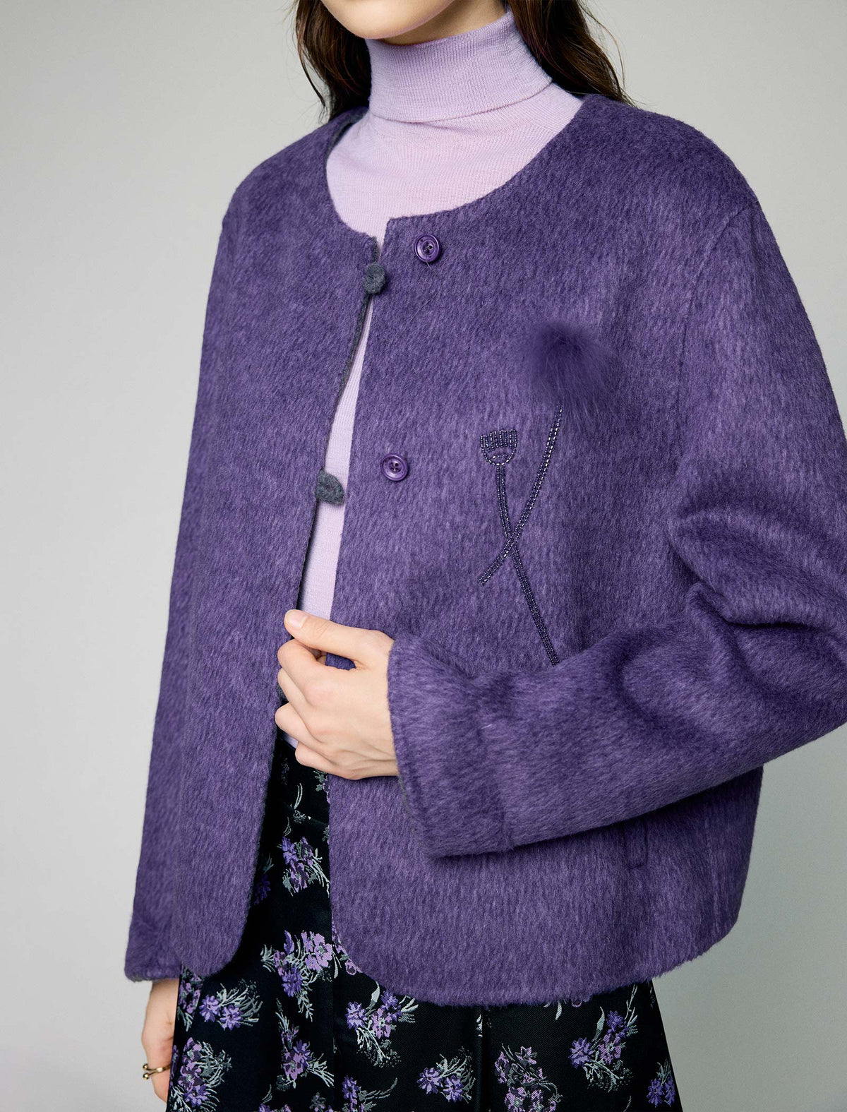 Wool Blend Metallic-Stripe Crewneck Button-Front Cropped Jacket