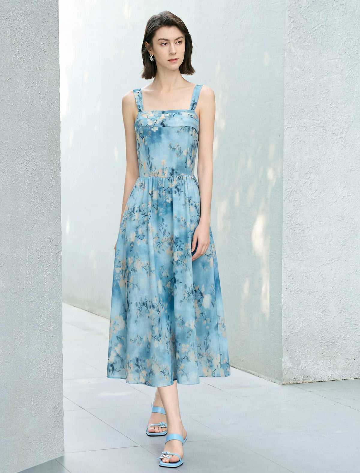 Blue Floral Watercolor Print Midi Sundress