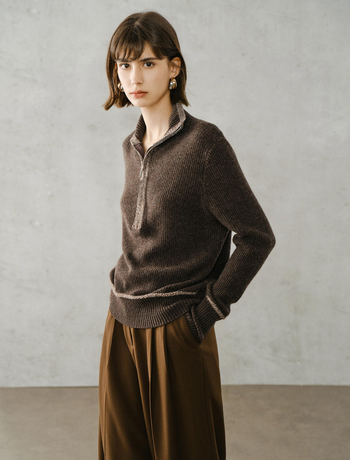 Half‑Zip Ribbed Wool Blend Sweater with Contrast Trim
