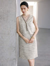 Beige textured sleeveless button front midi dress