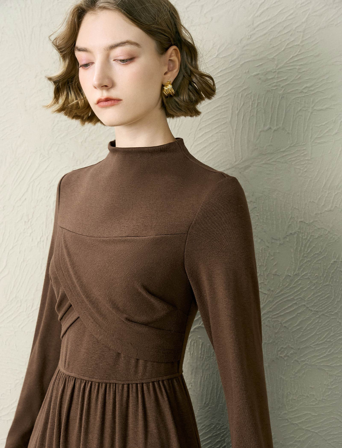 Mock Neck Wrap Detail Long Sleeve Midi Dress