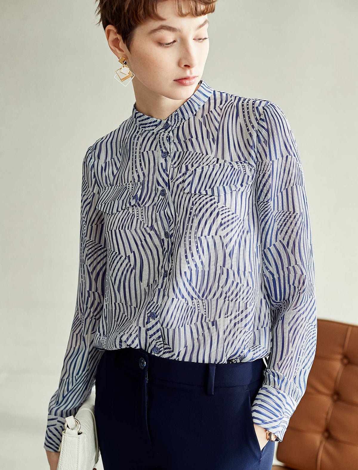 Striped Slim Fit Printed Long-Sleeve Blouse