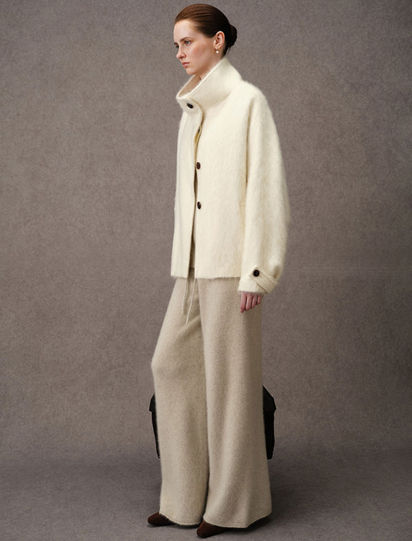 Wool-Cashmere Silk Blend Stand Collar Fuzzy Jacket