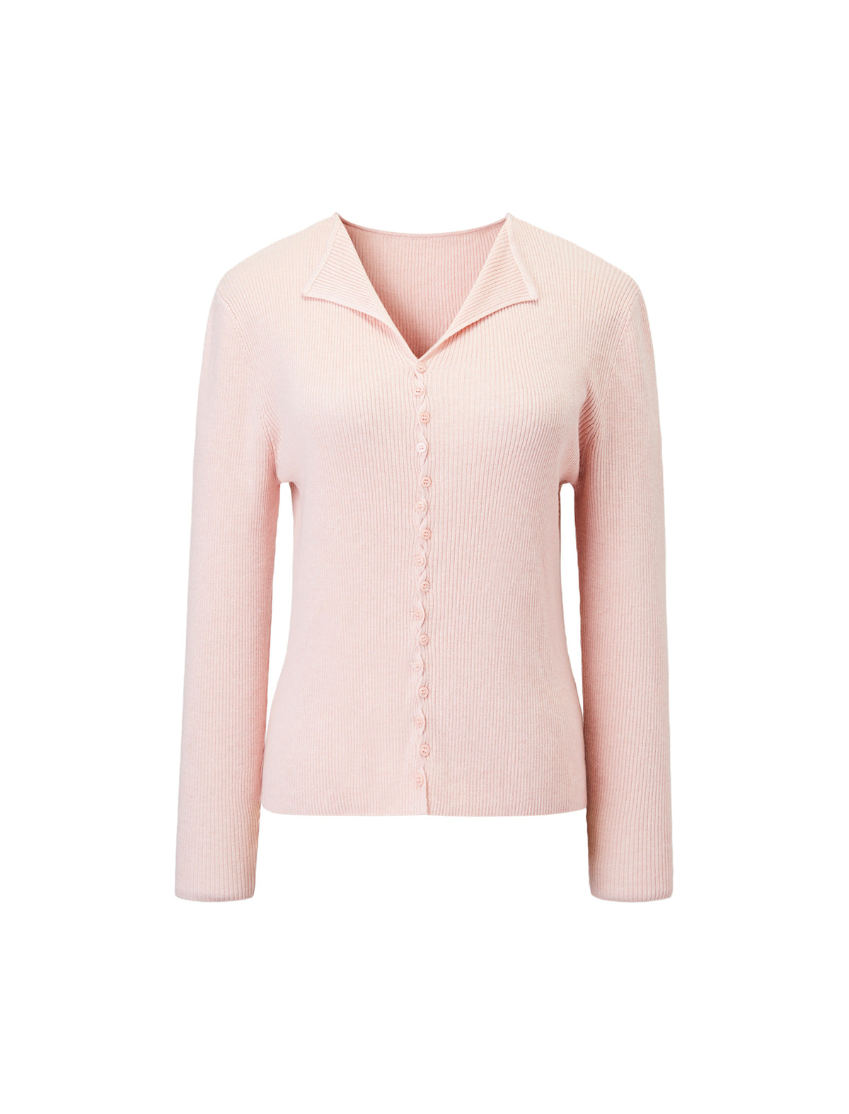 Notched Collar Full Button Long Sleeve Rib Knit Top