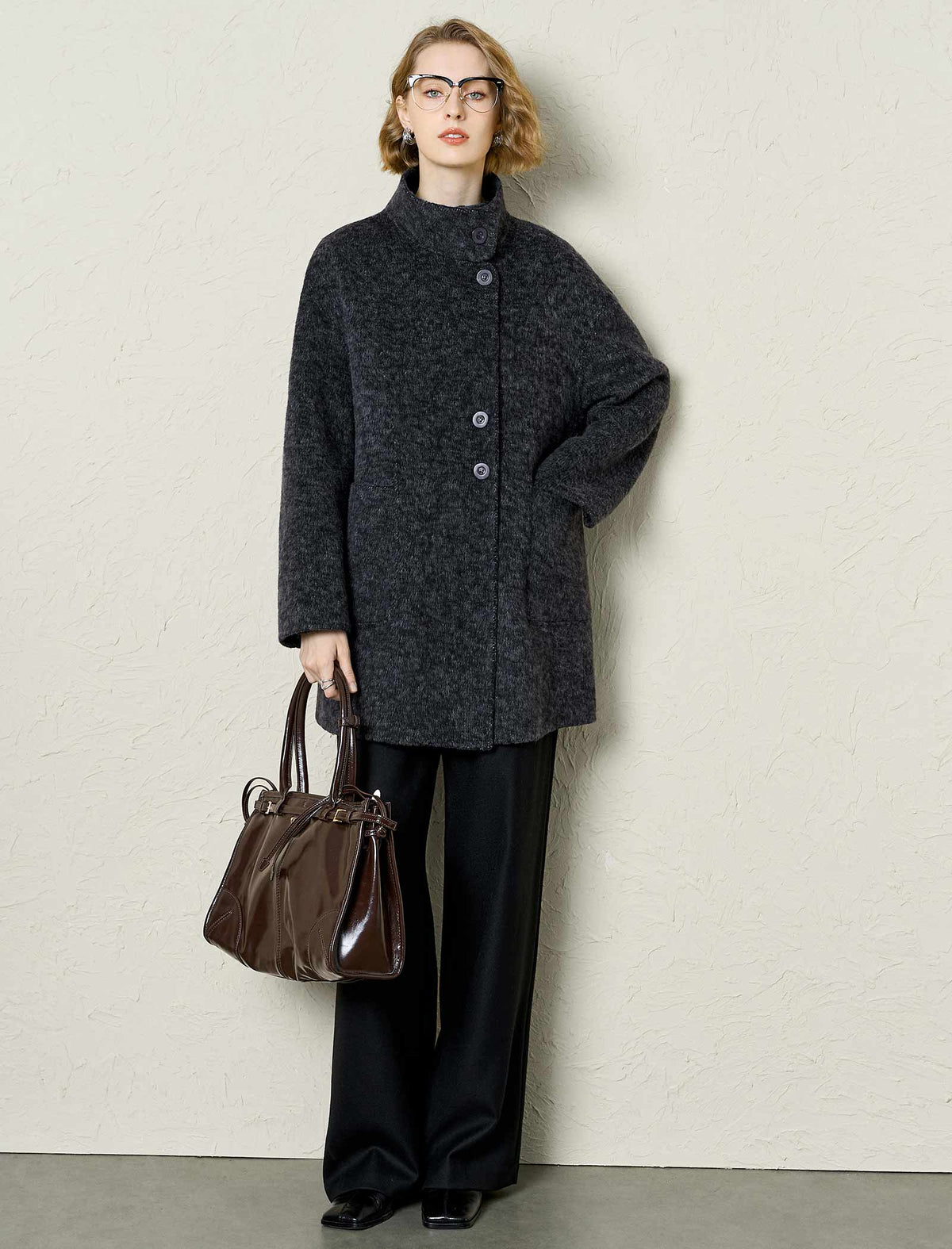 Wool-Alpaca Blend Stand Collar Textured Coat