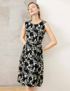 Beaded Neckline Black Floral Jacquard Sleeveless Dress