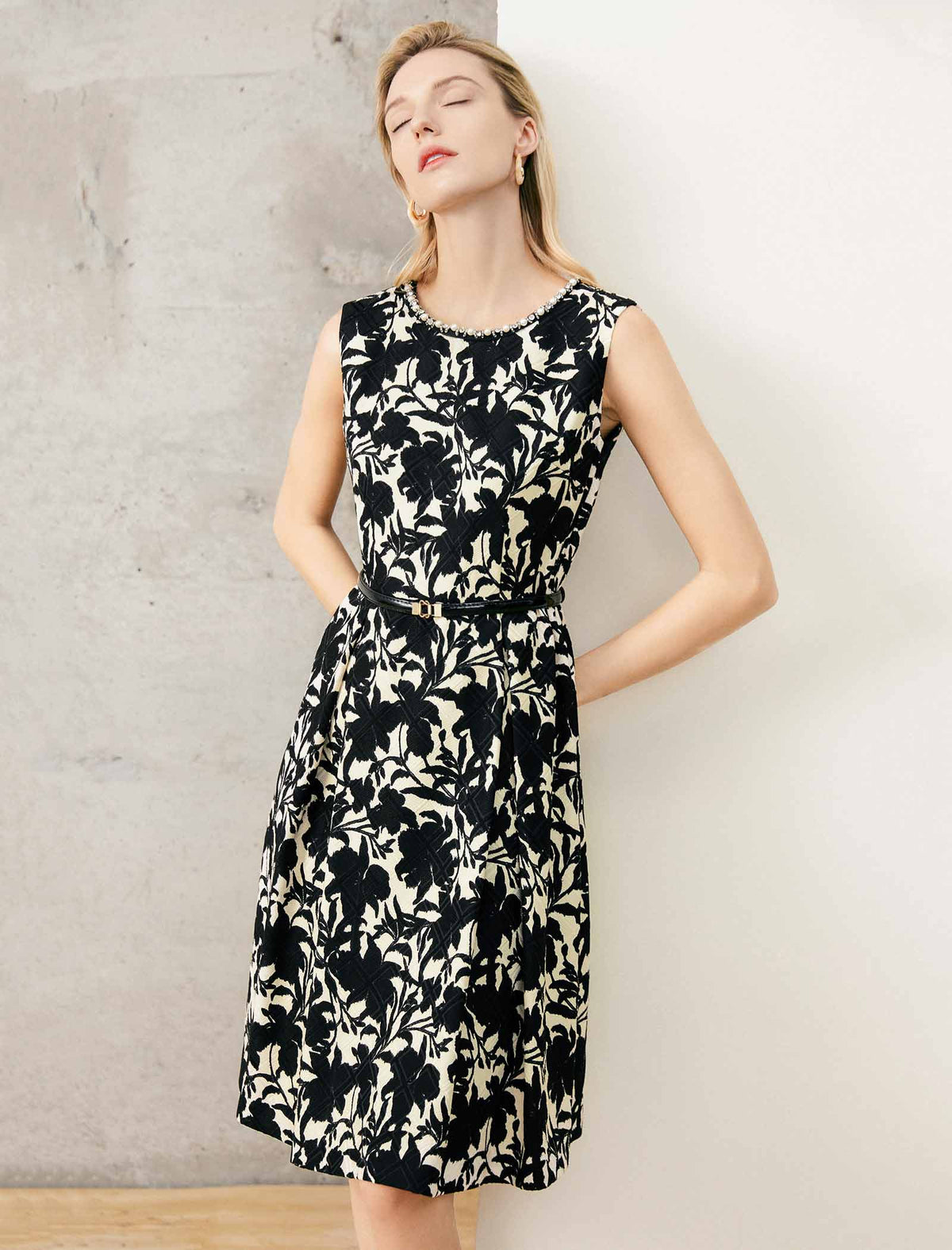 Beaded Neckline Black Floral Jacquard Sleeveless Dress