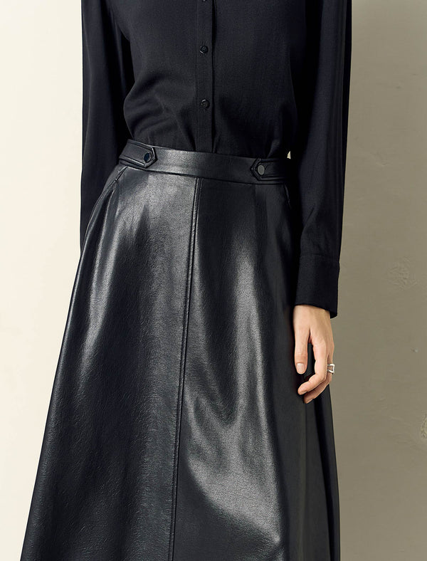 A-Line PU Leather Midi Skirt