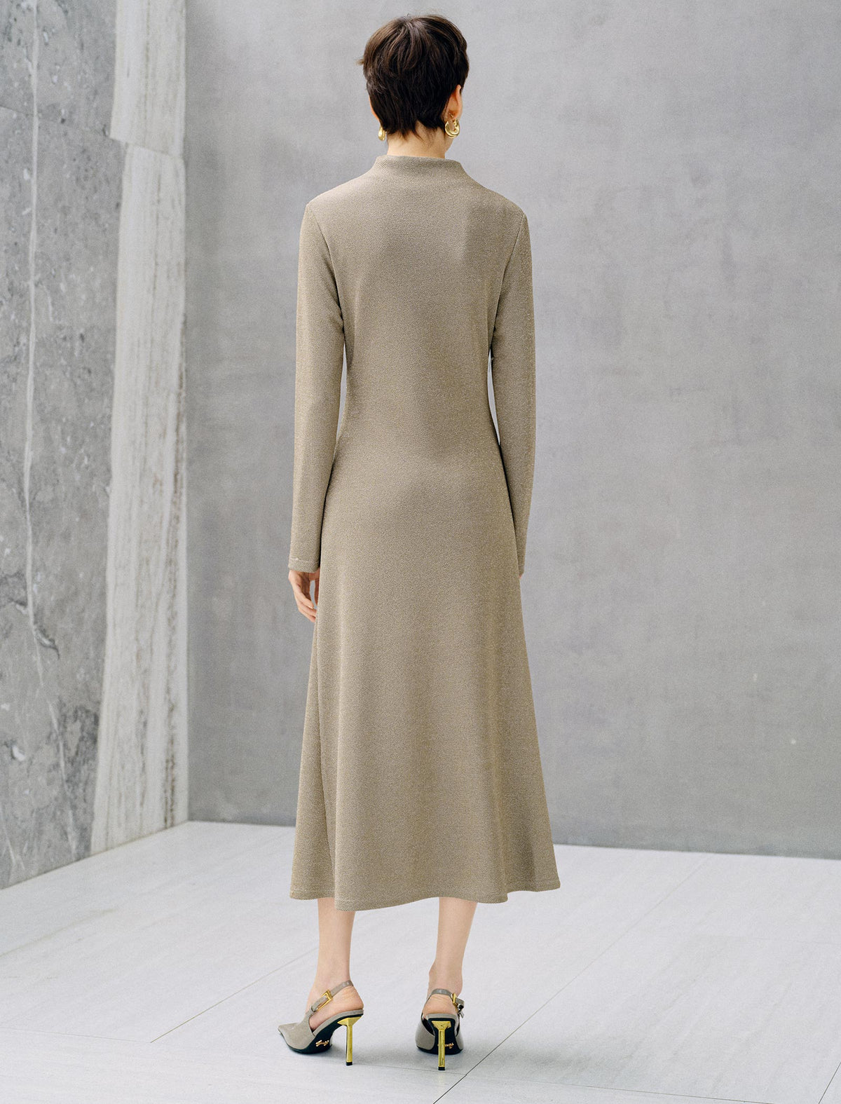 Solid Mock Neck Long Sleeve Midi Dress